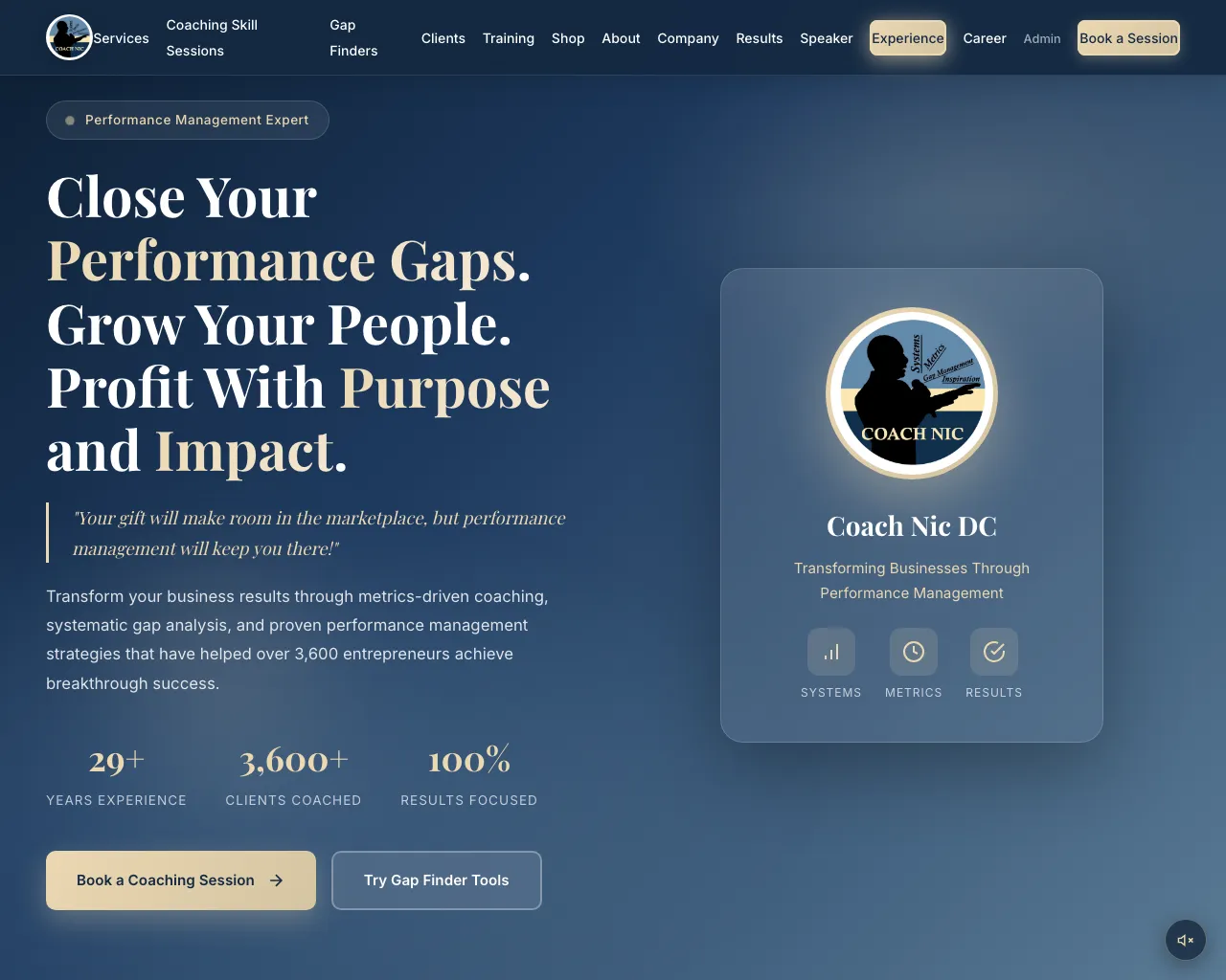 Website screenshot of Coach Nic DC