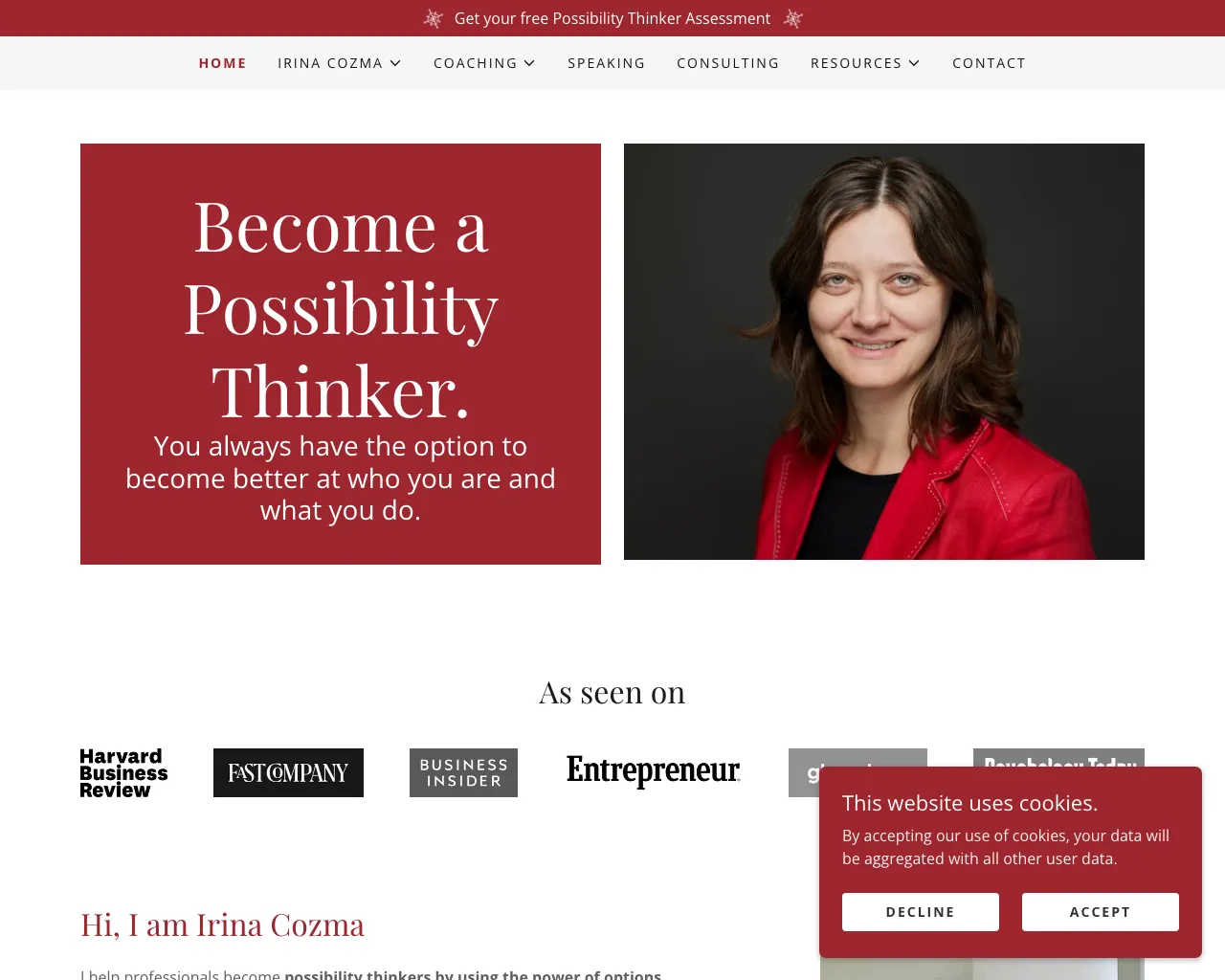 Website screenshot of Irina Cozma, Ph.D. | Coach, Speaker, Consultant