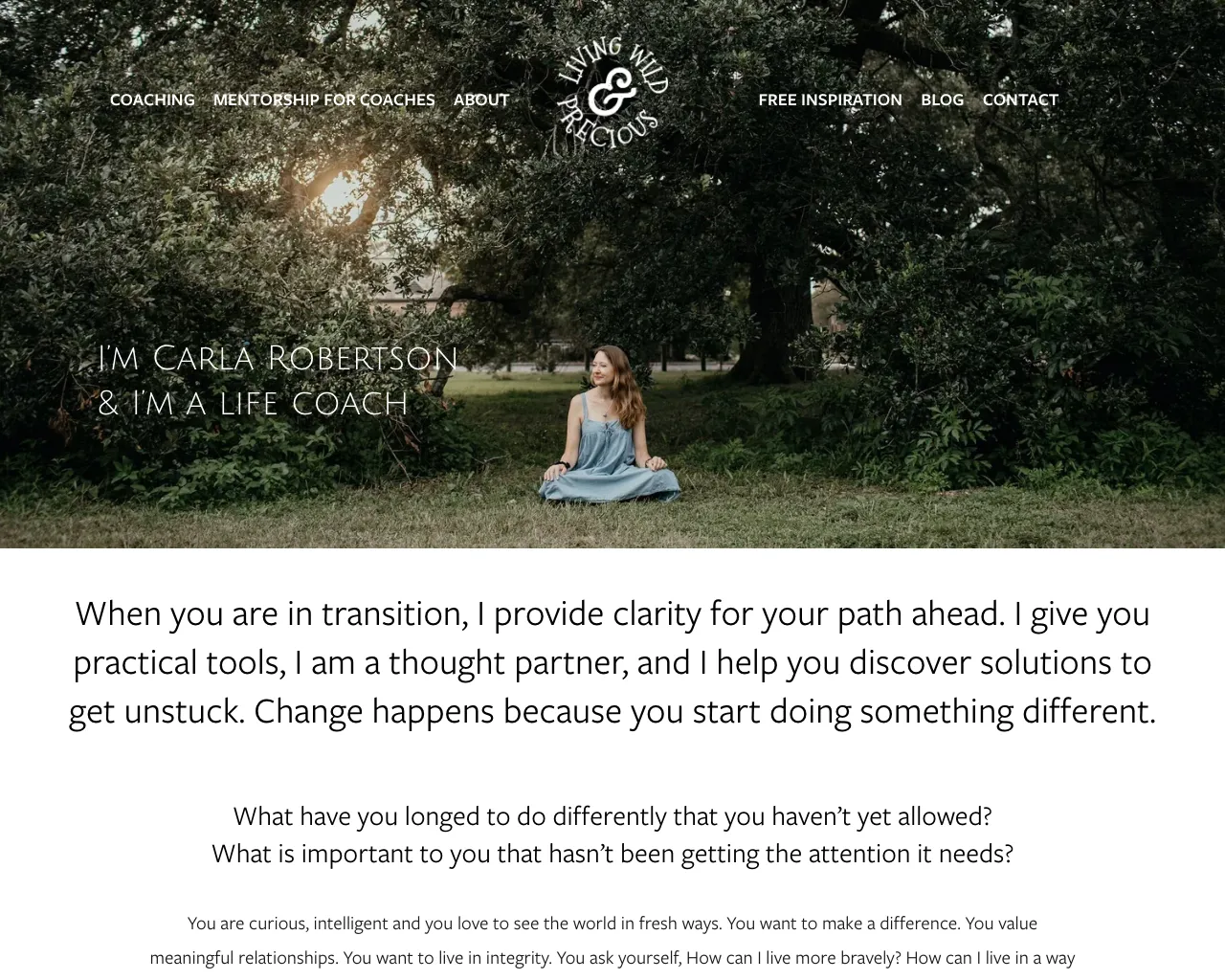 Website screenshot of Living Wild and Precious